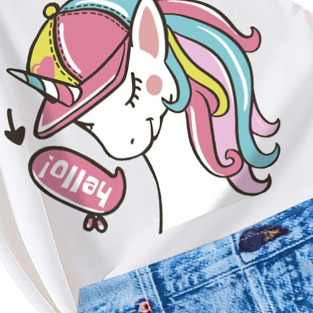 Toddler Girls Suit Unicorn Pattern Printed Short Sleeved & Jean Skirt-2 Pieces Outfits for Little Girls Size 3-7T