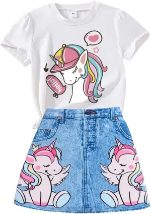 Toddler Girls Suit Unicorn Pattern Printed Short Sleeved & Jean Skirt-2 Pieces Outfits for Little Girls Size 3-7T