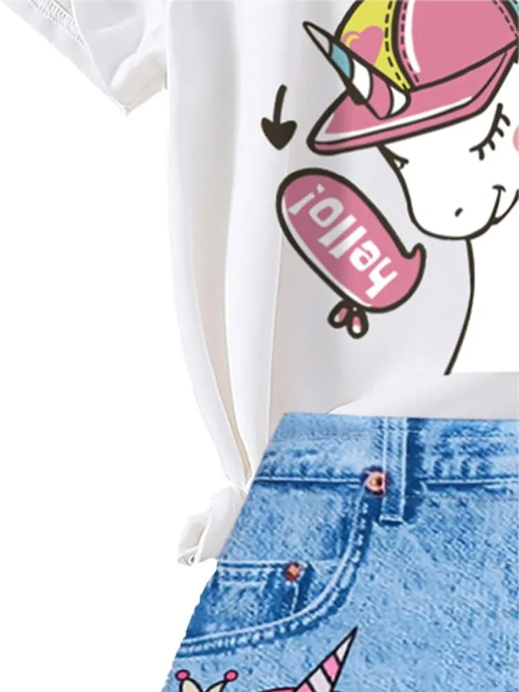 Toddler Girls Suit Unicorn Pattern Printed Short Sleeved & Jean Skirt-2 Pieces Outfits for Little Girls Size 3-7T