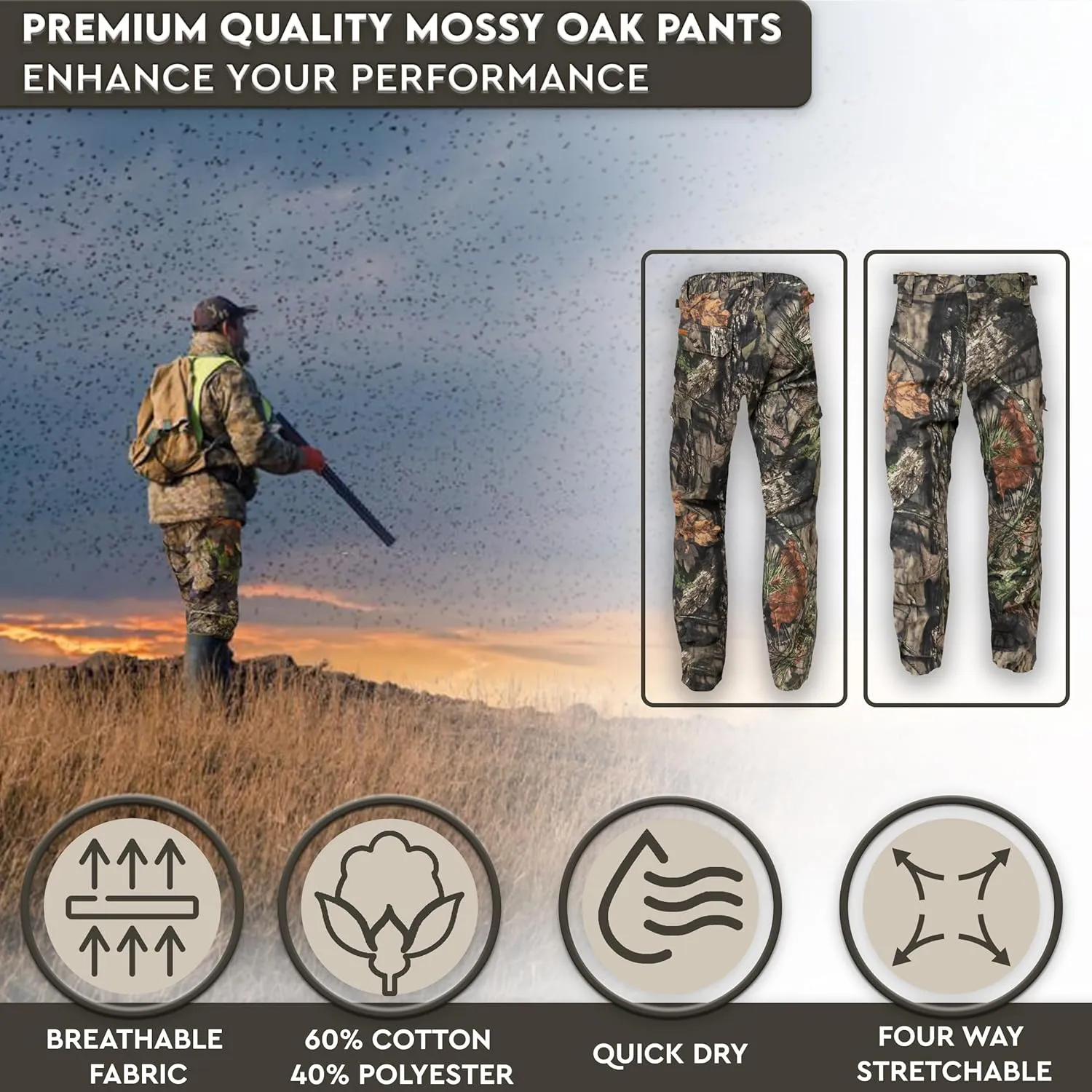 TrailCrest Mens Camo Hunting Cargo Pants | 6 Pockets | Mossy Oak (Improved Specs)