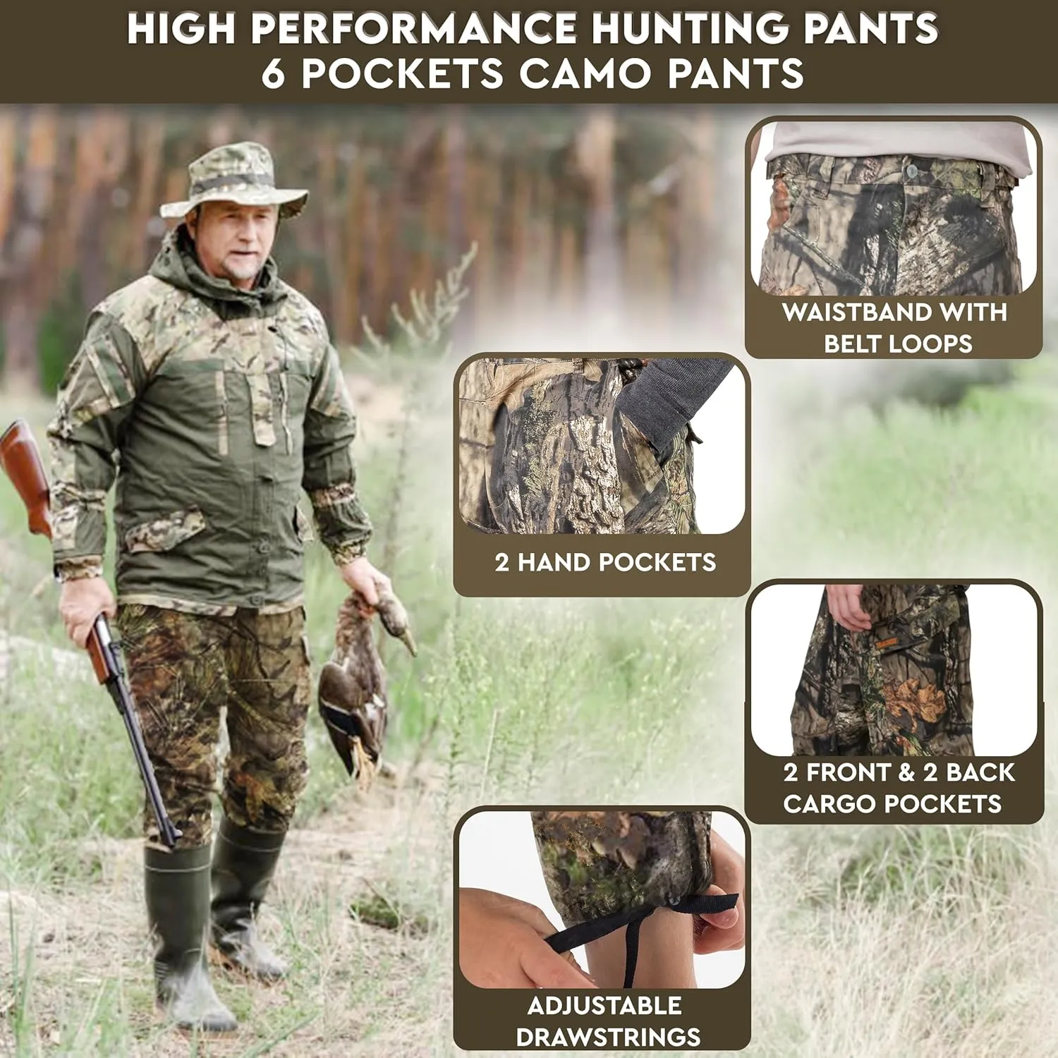 TrailCrest Mens Camo Hunting Cargo Pants | 6 Pockets | Mossy Oak (Improved Specs)