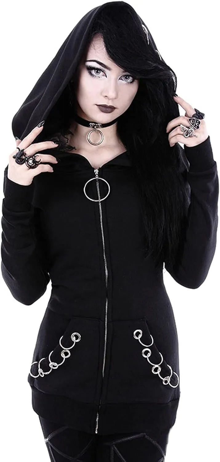tuduoms Black Punk Gothic Hoodie Women Long Sleeve Zip Up Hoodie Moon Jacket Top Long Sweatshirts Plus Size Y2k Goth Clothing