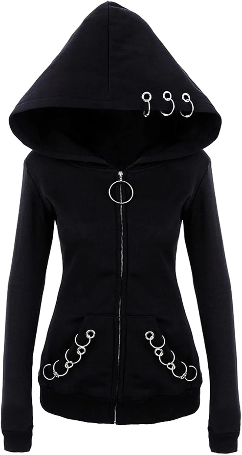 tuduoms Black Punk Gothic Hoodie Women Long Sleeve Zip Up Hoodie Moon Jacket Top Long Sweatshirts Plus Size Y2k Goth Clothing