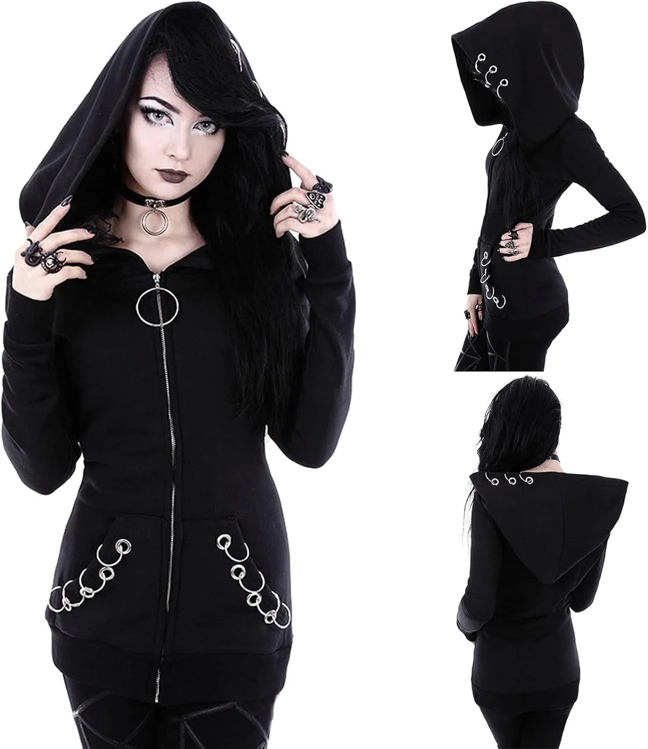 tuduoms Black Punk Gothic Hoodie Women Long Sleeve Zip Up Hoodie Moon Jacket Top Long Sweatshirts Plus Size Y2k Goth Clothing