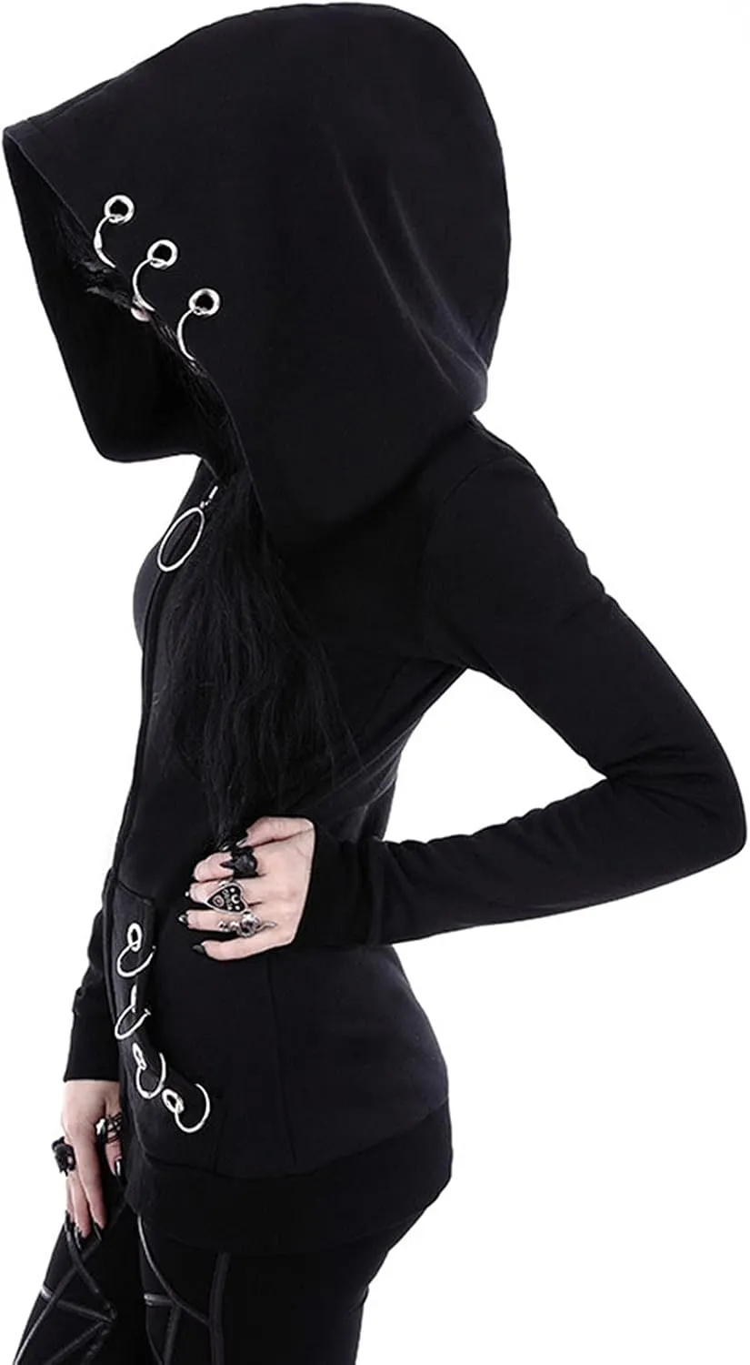 tuduoms Black Punk Gothic Hoodie Women Long Sleeve Zip Up Hoodie Moon Jacket Top Long Sweatshirts Plus Size Y2k Goth Clothing