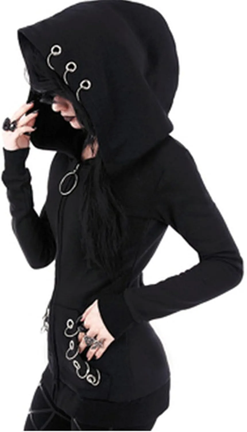 tuduoms Black Punk Gothic Hoodie Women Long Sleeve Zip Up Hoodie Moon Jacket Top Long Sweatshirts Plus Size Y2k Goth Clothing