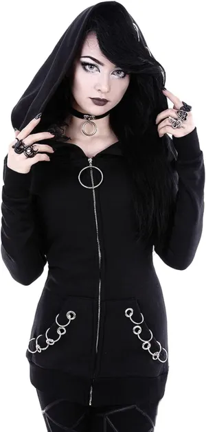 tuduoms Black Punk Gothic Hoodie Women Long Sleeve Zip Up Hoodie Moon Jacket Top Long Sweatshirts Plus Size Y2k Goth Clothing