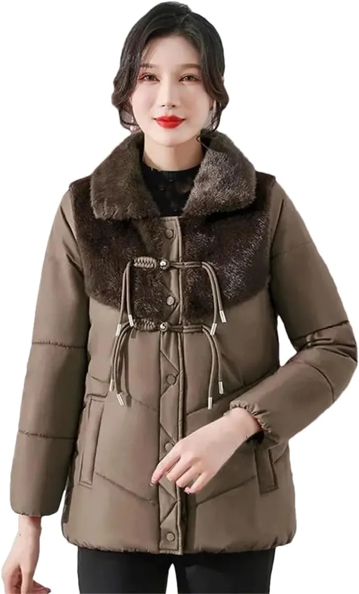 UIOKLMJH Winter Thicken Fleece Coat Mother Short Cotton-Padded Jacket Middle-Aged Stitching Stylish Overcoat