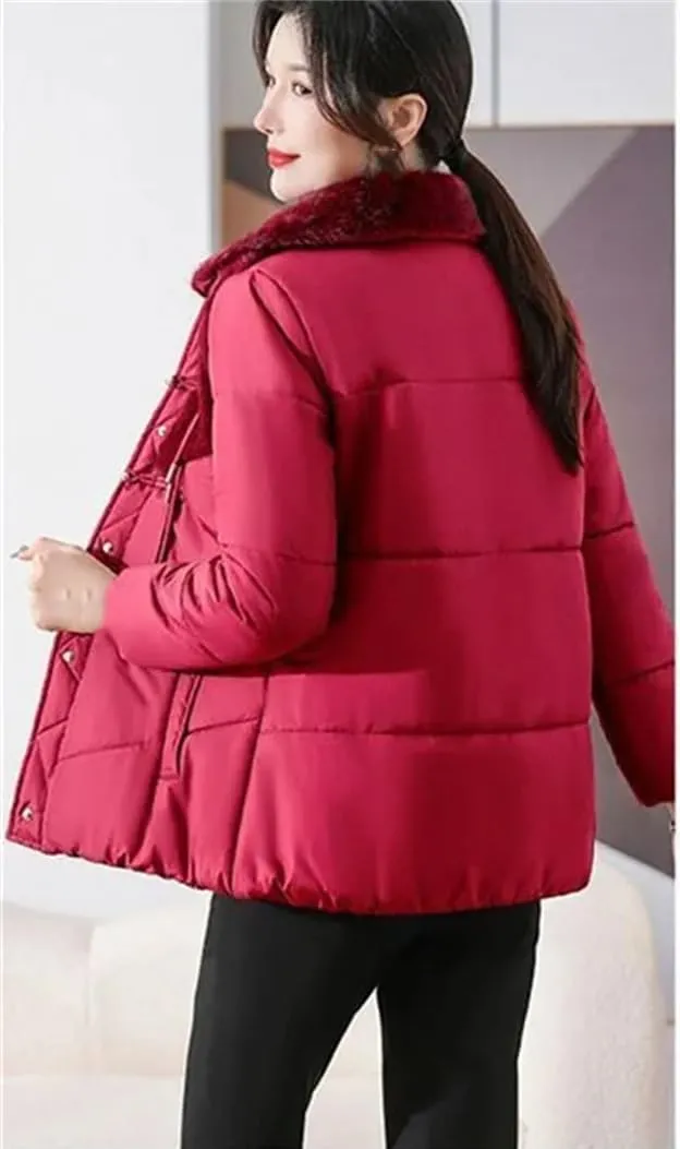 UIOKLMJH Winter Thicken Fleece Coat Mother Short Cotton-Padded Jacket Middle-Aged Stitching Stylish Overcoat