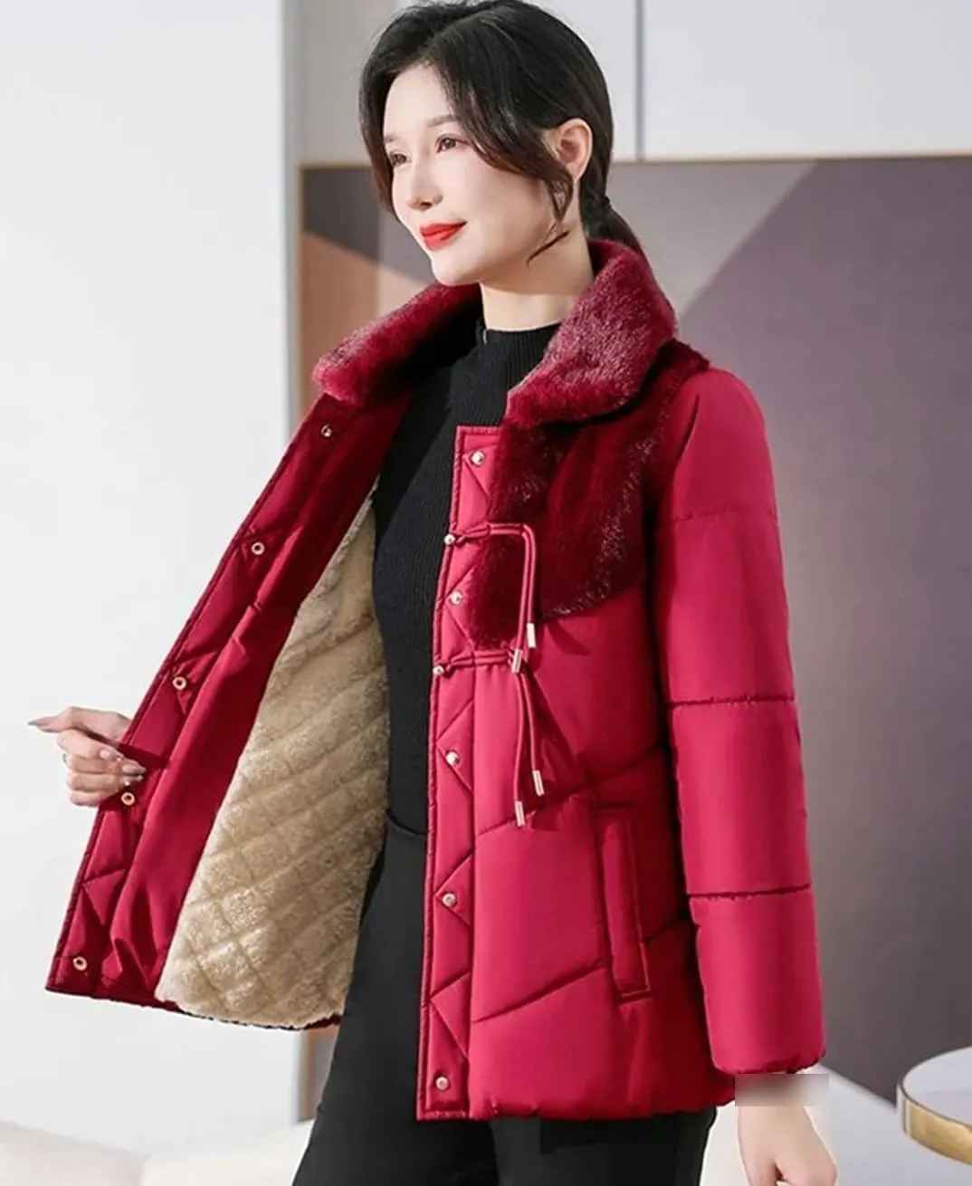 UIOKLMJH Winter Thicken Fleece Coat Mother Short Cotton-Padded Jacket Middle-Aged Stitching Stylish Overcoat