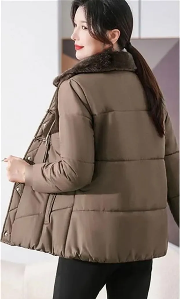UIOKLMJH Winter Thicken Fleece Coat Mother Short Cotton-Padded Jacket Middle-Aged Stitching Stylish Overcoat