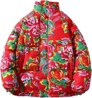 UIOKLMJH Women Winter Chinese Style Big Flower Cotton Padded Jacket Zipper Thicken Down Coat