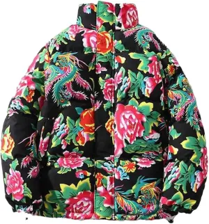 UIOKLMJH Women Winter Chinese Style Big Flower Cotton Padded Jacket Zipper Thicken Down Coat