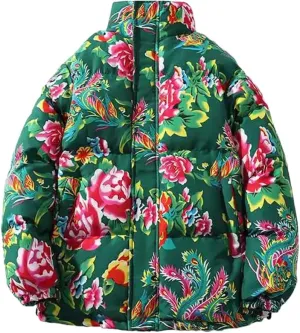 UIOKLMJH Women Winter Chinese Style Big Flower Cotton Padded Jacket Zipper Thicken Down Coat