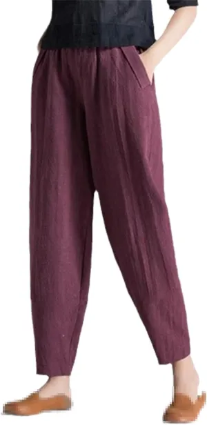 UIOKLMJH Women's Elastic Waist Pocket Cotton Linen Harem Pants Summer Loose Soild Linens Wide Capris Trousers