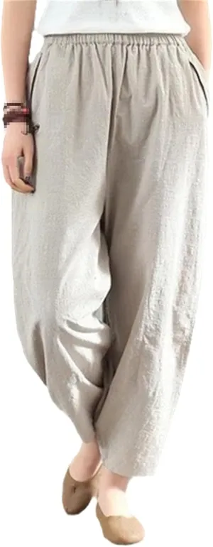 UIOKLMJH Women's Elastic Waist Pocket Cotton Linen Harem Pants Summer Loose Soild Linens Wide Capris Trousers