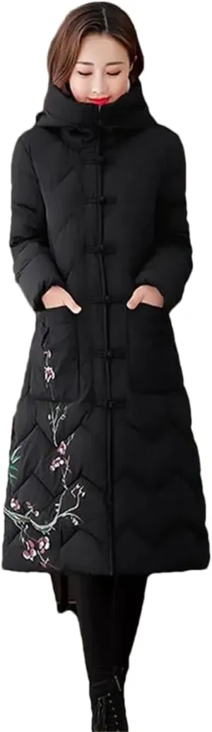 UIOKLMJH Women's Winter Retro Padded Jacket Ladies Slim Fit Buckle Embroidery Single Breasted Cotton Coat