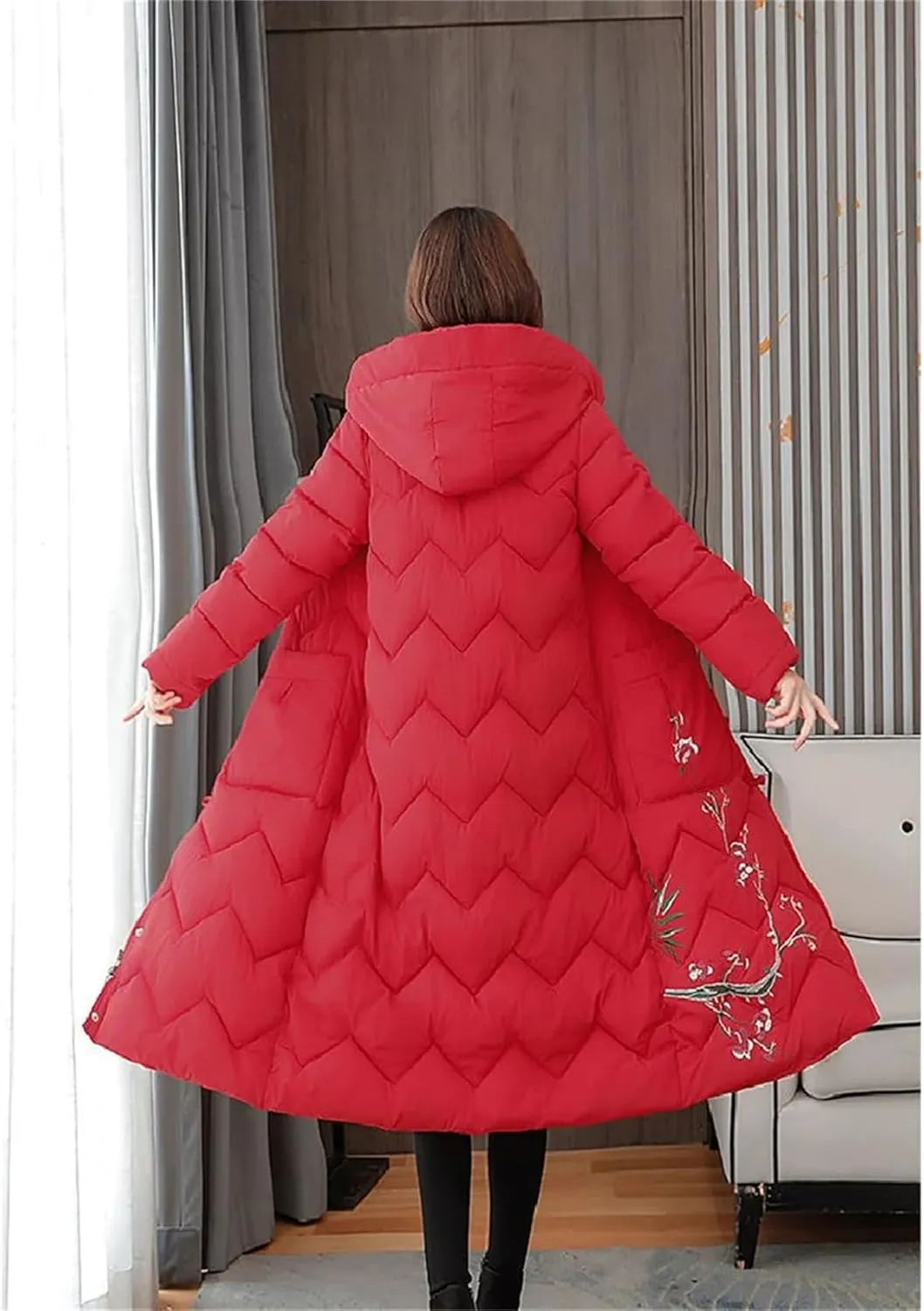 UIOKLMJH Women's Winter Retro Padded Jacket Ladies Slim Fit Buckle Embroidery Single Breasted Cotton Coat