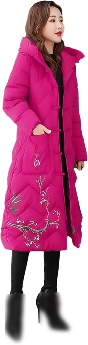 UIOKLMJH Women's Winter Retro Padded Jacket Ladies Slim Fit Buckle Embroidery Single Breasted Cotton Coat