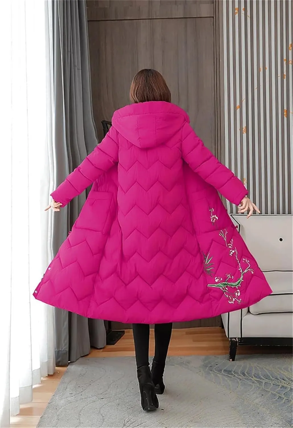 UIOKLMJH Women's Winter Retro Padded Jacket Ladies Slim Fit Buckle Embroidery Single Breasted Cotton Coat