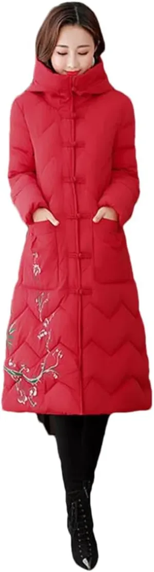 UIOKLMJH Women's Winter Retro Padded Jacket Ladies Slim Fit Buckle Embroidery Single Breasted Cotton Coat