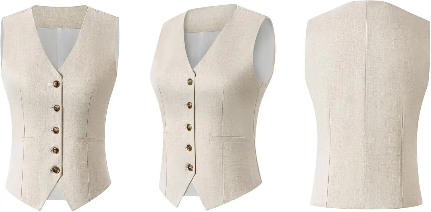 Uohzus Women's Linen Waistcoat V-Neck Dressy Vest 2025 Summer Linen Sleeveless Waistcoat Casual Cotton Suit Tops