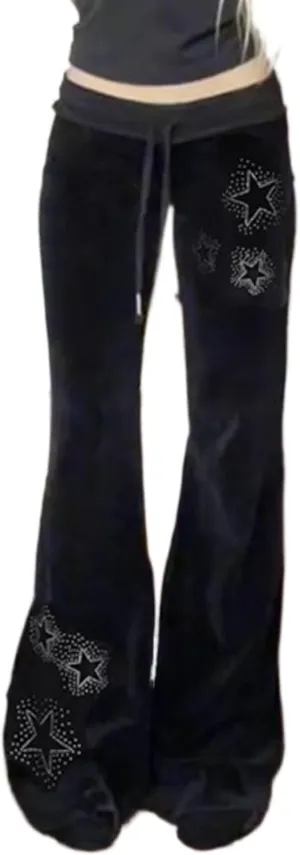 Velvet Star Rhinestone Flare Pants for Women, Bootcut Low Rise Drawstring Bell Bottoms, Y2K Streetwear