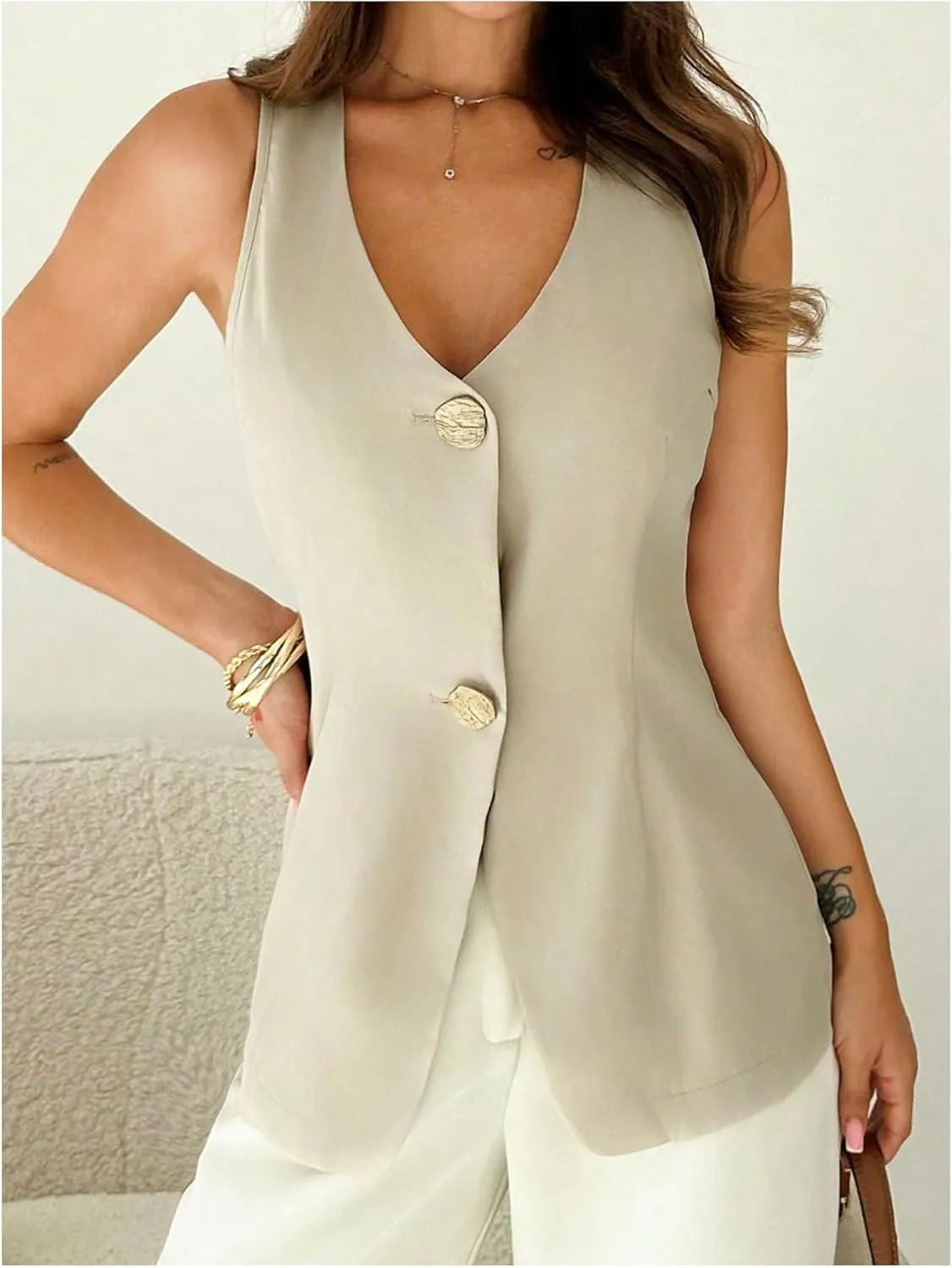 Verdusa Women's Button Down V Neck Blazer Vest Split Sleeveless Tops