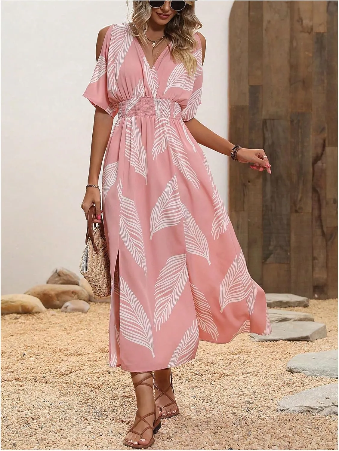 Verdusa Women's Summer Maxi Casual Dresses 2024 Cold Shoulder V Neck Short Sleeve Dress