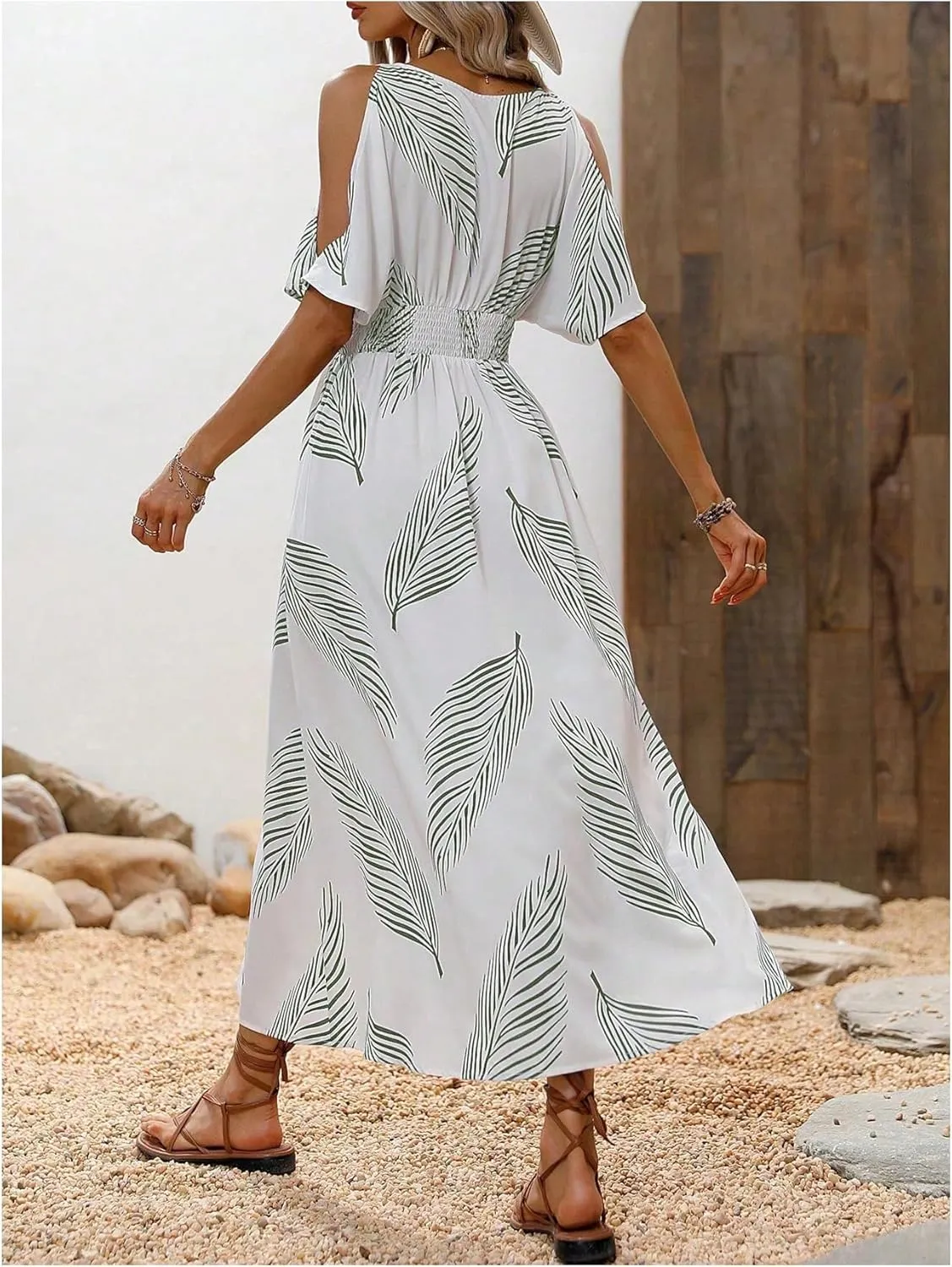 Verdusa Women's Summer Maxi Casual Dresses 2024 Cold Shoulder V Neck Short Sleeve Dress