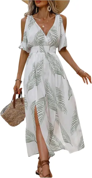 Verdusa Women's Summer Maxi Casual Dresses 2024 Cold Shoulder V Neck Short Sleeve Dress