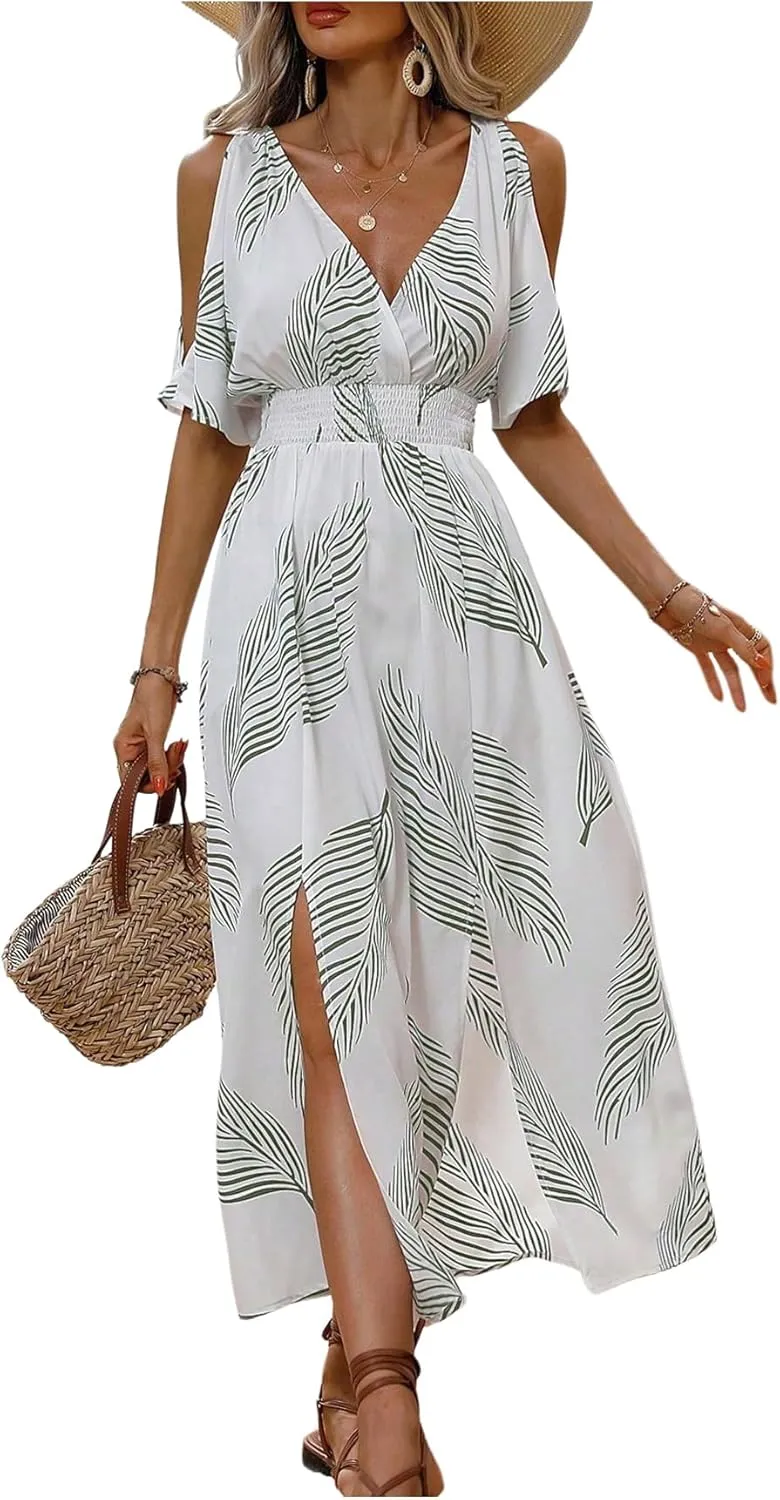 Verdusa Women's Summer Maxi Casual Dresses 2024 Cold Shoulder V Neck Short Sleeve Dress