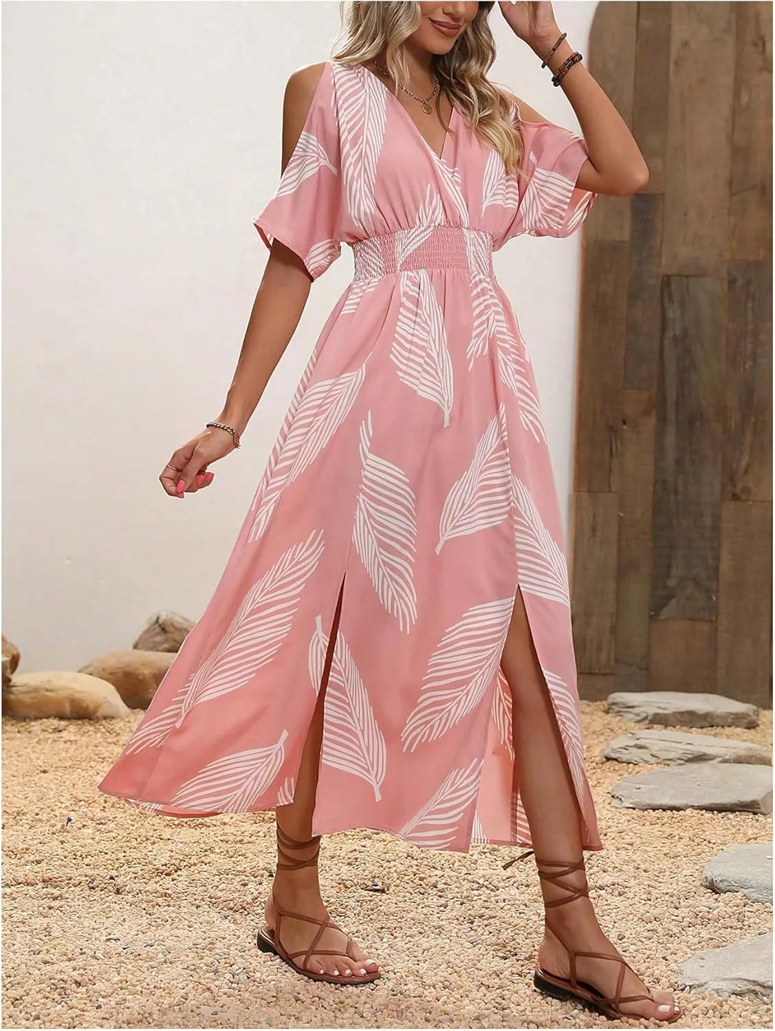 Verdusa Women's Summer Maxi Casual Dresses 2024 Cold Shoulder V Neck Short Sleeve Dress