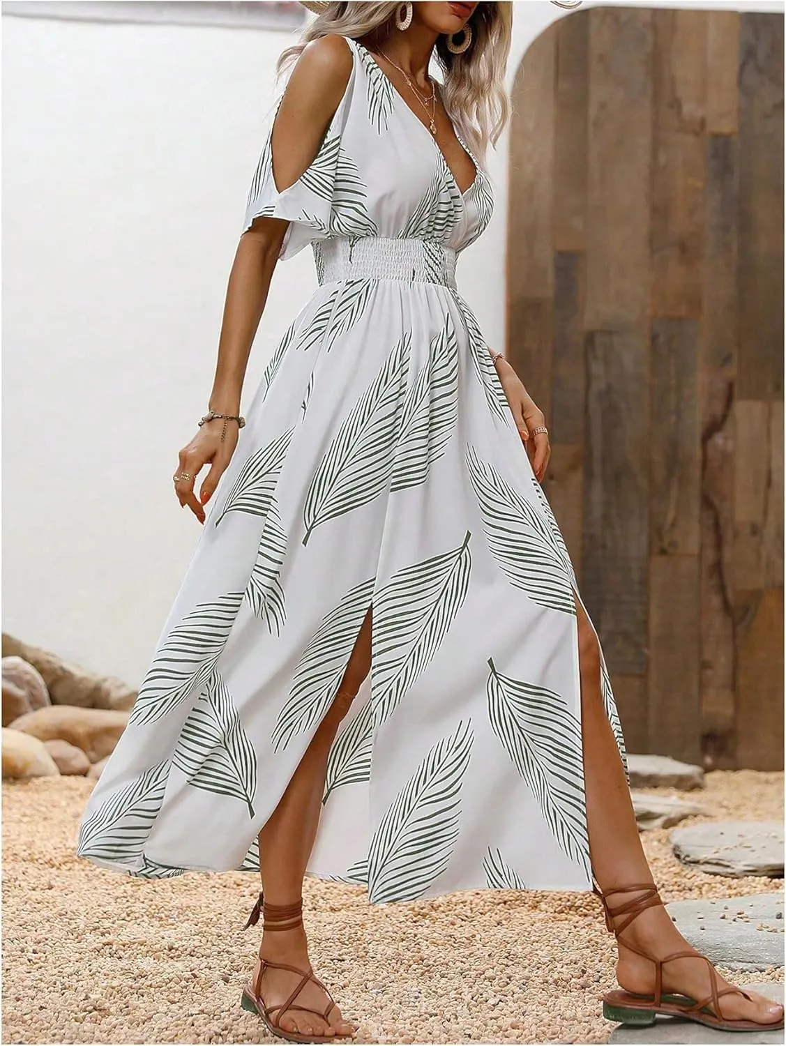 Verdusa Women's Summer Maxi Casual Dresses 2024 Cold Shoulder V Neck Short Sleeve Dress
