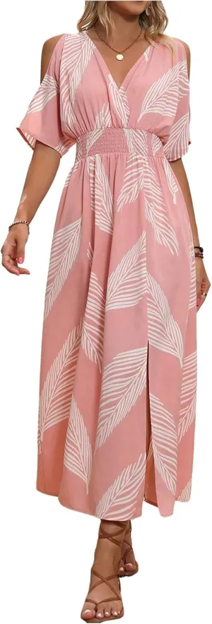 Verdusa Women's Summer Maxi Casual Dresses 2024 Cold Shoulder V Neck Short Sleeve Dress