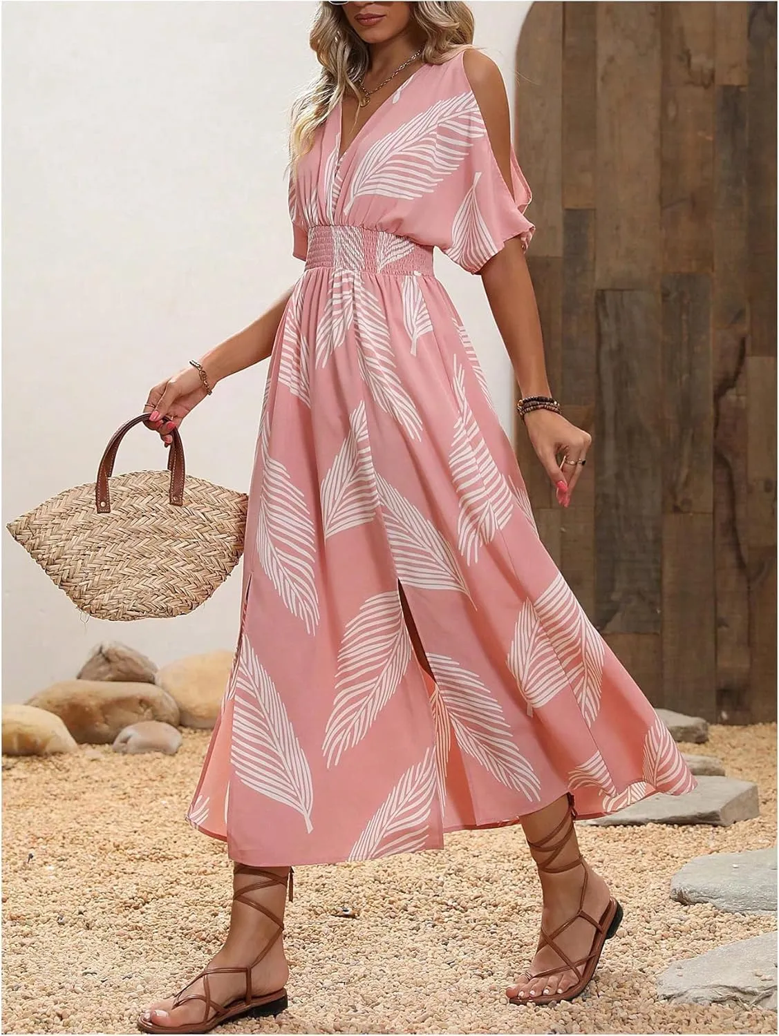 Verdusa Women's Summer Maxi Casual Dresses 2024 Cold Shoulder V Neck Short Sleeve Dress