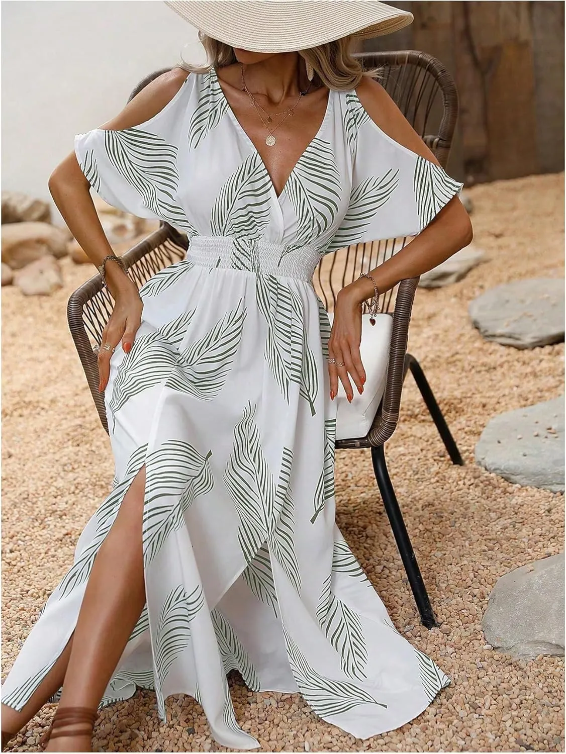 Verdusa Women's Summer Maxi Casual Dresses 2024 Cold Shoulder V Neck Short Sleeve Dress