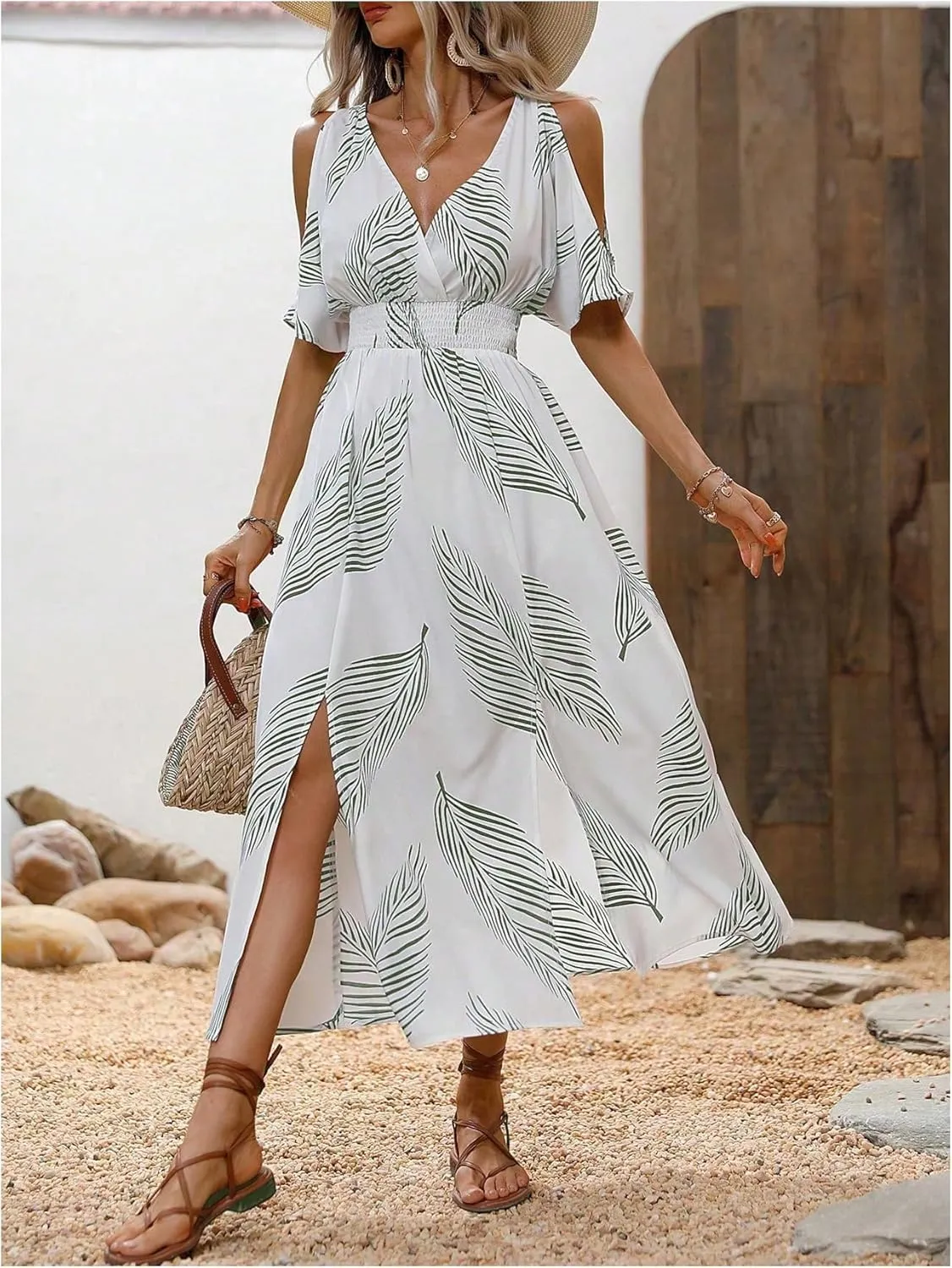 Verdusa Women's Summer Maxi Casual Dresses 2024 Cold Shoulder V Neck Short Sleeve Dress