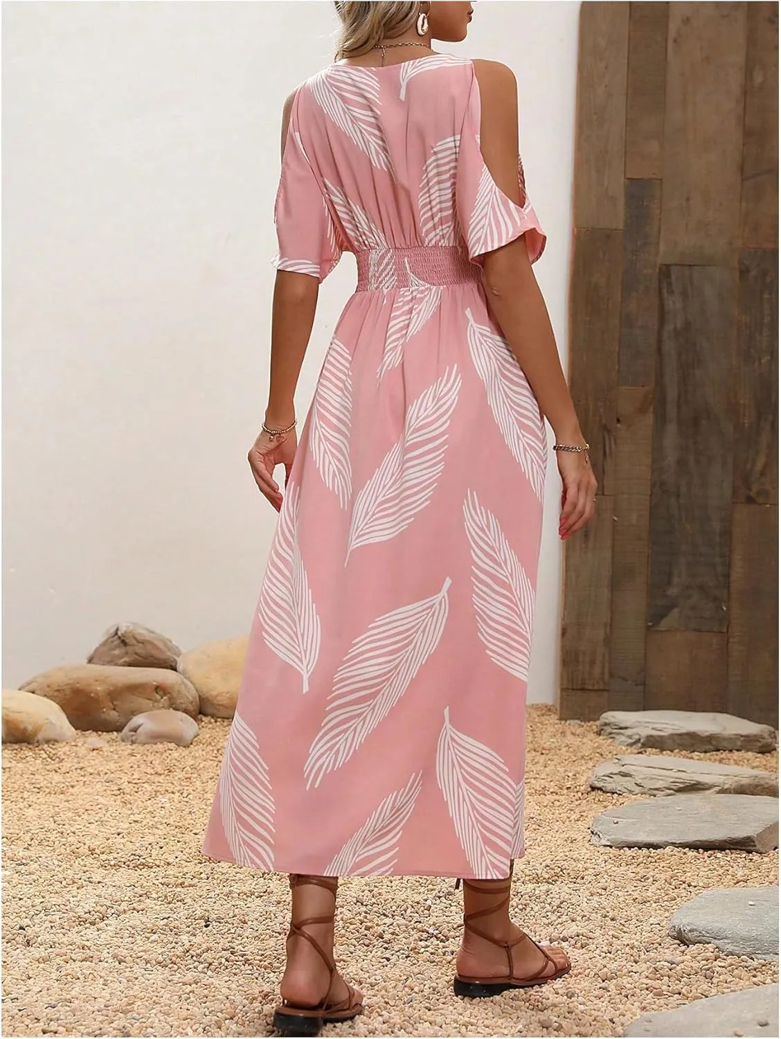 Verdusa Women's Summer Maxi Casual Dresses 2024 Cold Shoulder V Neck Short Sleeve Dress