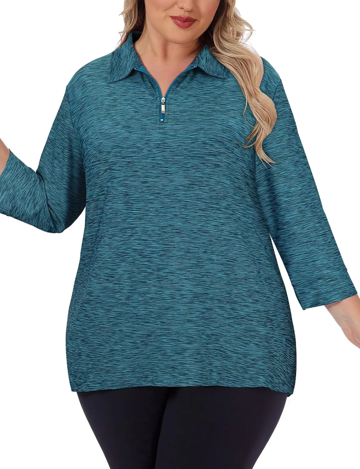 Viracy Plus Size Womens Golf Polo Shirts 3/4 Sleeve Zip Up Quick Dry Workout Tops