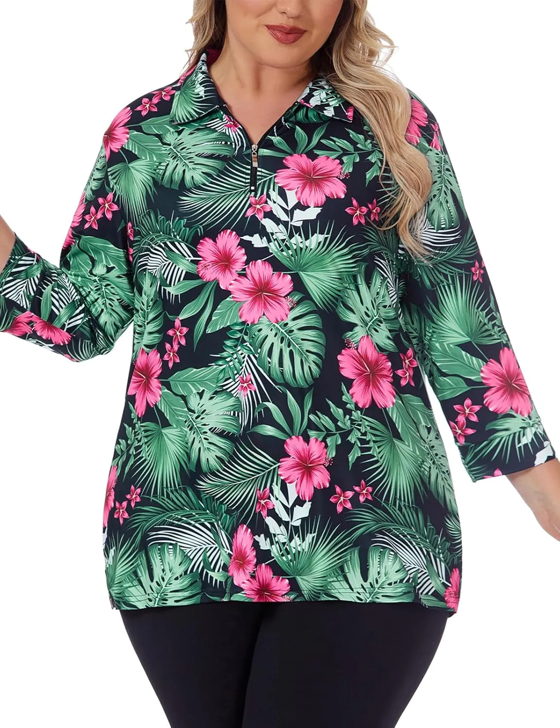 Viracy Plus Size Womens Golf Polo Shirts 3/4 Sleeve Zip Up Quick Dry Workout Tops