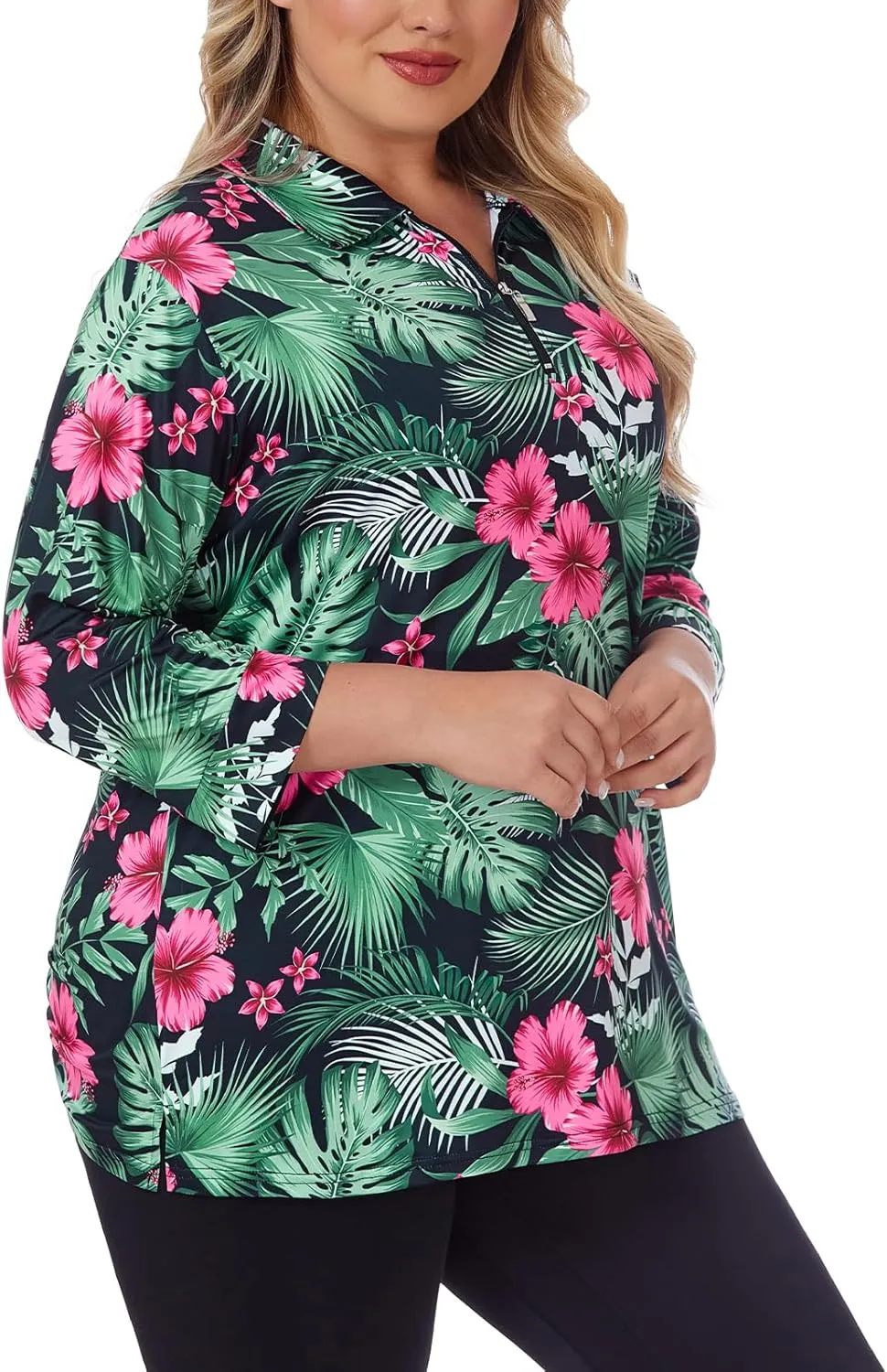 Viracy Plus Size Womens Golf Polo Shirts 3/4 Sleeve Zip Up Quick Dry Workout Tops