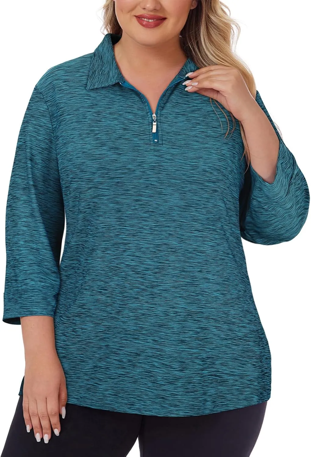 Viracy Plus Size Womens Golf Polo Shirts 3/4 Sleeve Zip Up Quick Dry Workout Tops