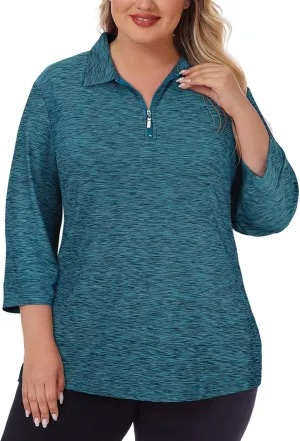 Viracy Plus Size Womens Golf Polo Shirts 3/4 Sleeve Zip Up Quick Dry Workout Tops