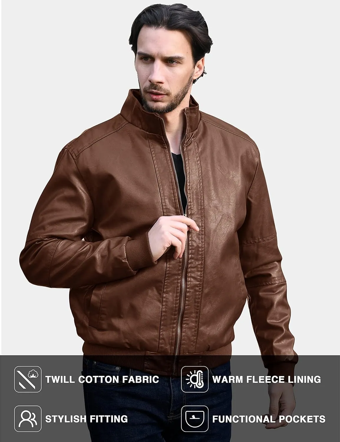 WenVen Men's Stand Collar Fleece Lined Bomber Faux Leather Jacket