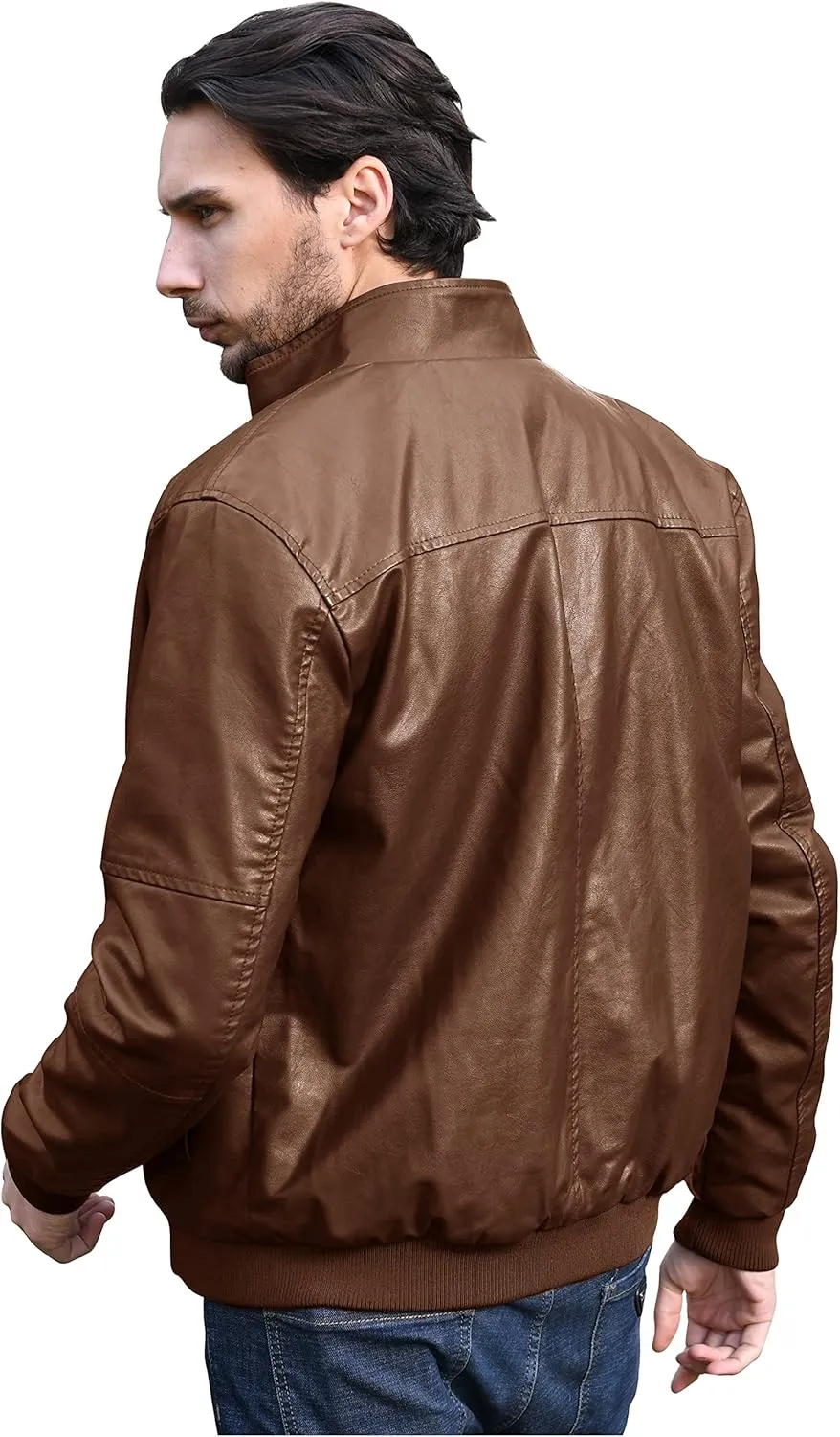 WenVen Men's Stand Collar Fleece Lined Bomber Faux Leather Jacket