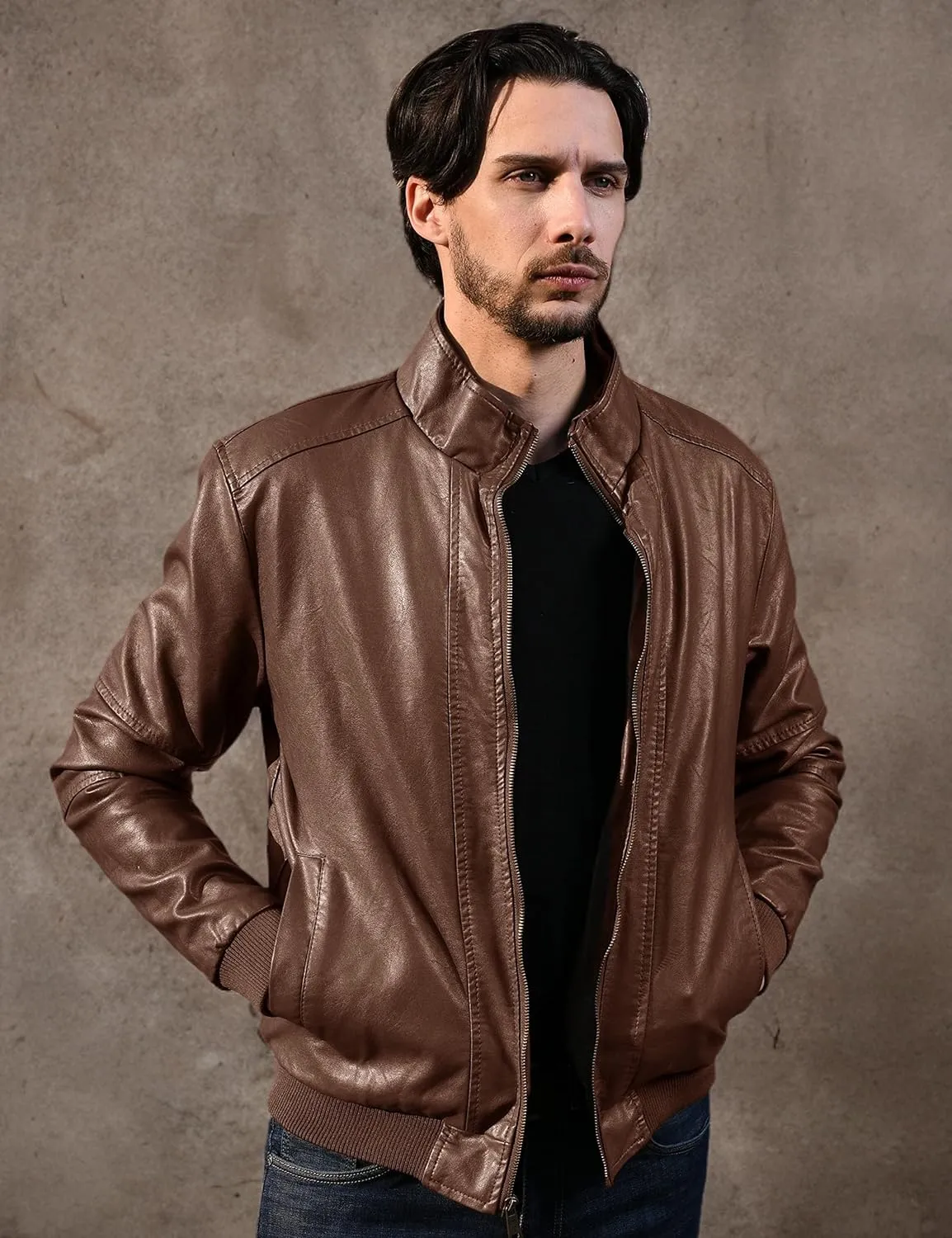 WenVen Men's Stand Collar Fleece Lined Bomber Faux Leather Jacket