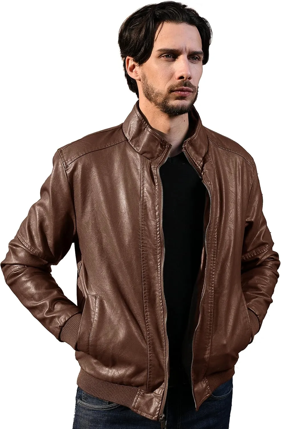 WenVen Men's Stand Collar Fleece Lined Bomber Faux Leather Jacket
