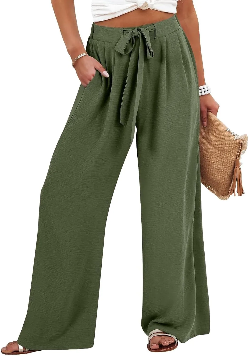 Wide Leg Linen Pants for Women Dressy High Waist Adjustable Knot Palazzo Lounge Trousers Business Work Casual Pants