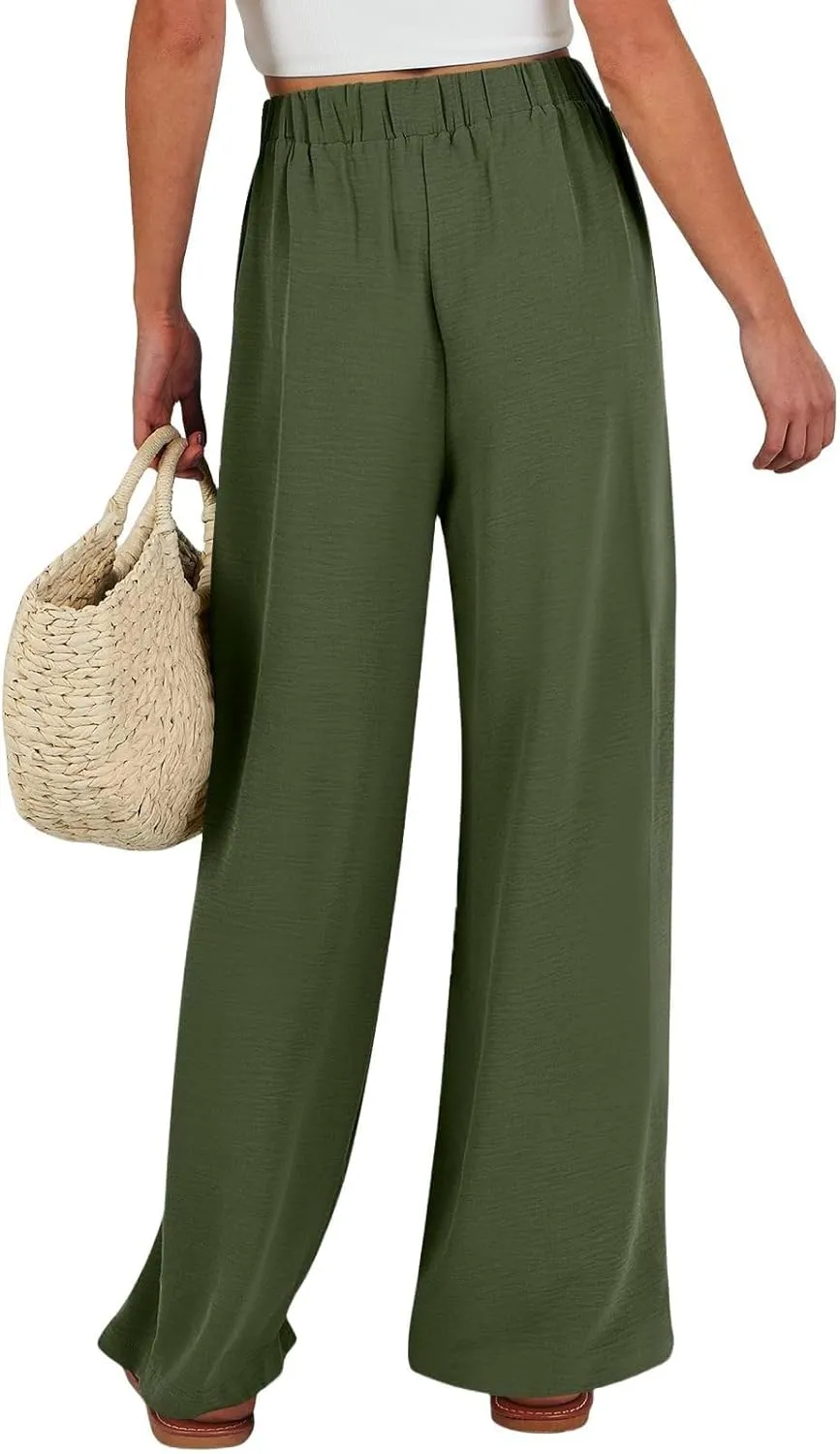 Wide Leg Linen Pants for Women Dressy High Waist Adjustable Knot Palazzo Lounge Trousers Business Work Casual Pants